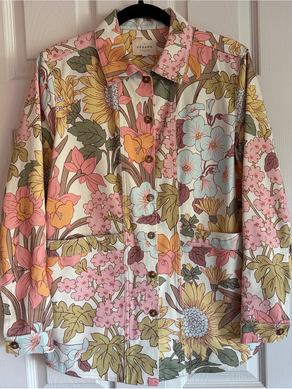 Sezane Floral Utility Jacket in Pink, Yellow and Cream, size Small